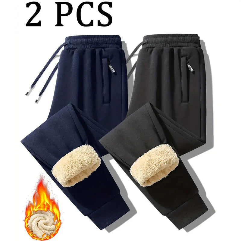 2pcs Autumn And Winter Men's Warm Wool Sports Pants With Zipper Pockets Casual Sports Pants Gym Pants Unisex Couple's Outfit
