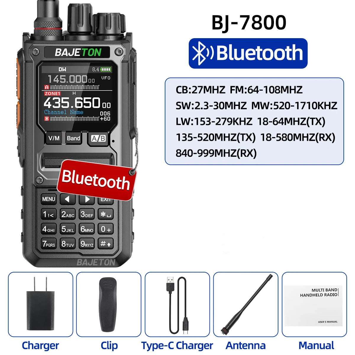 BAJETON BJ-7800 Walkie Talkie NOAA SW MW LW AM SSB CB 10W Receive Wireless Bluetooth Phone Programming for RT-920 Two Way Radio