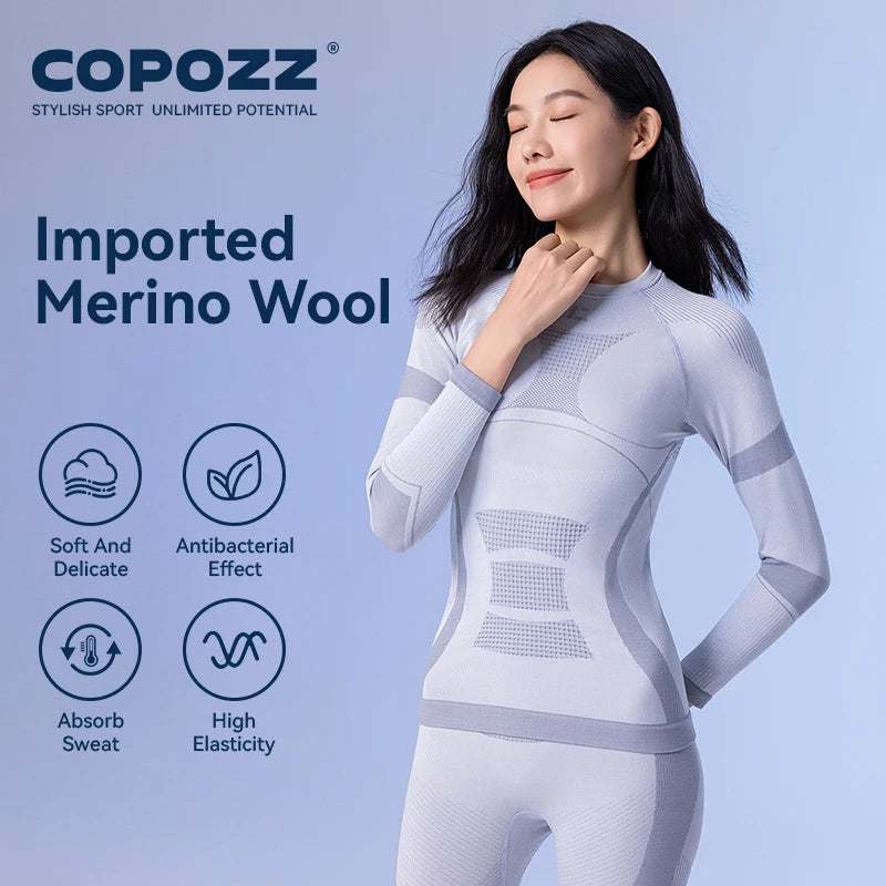 COPOZZ Merino Wool Ski Thermal Underwear Sets Men Female Ultra Soft Ski Sweatwicking Multi function Compression Tracksuit