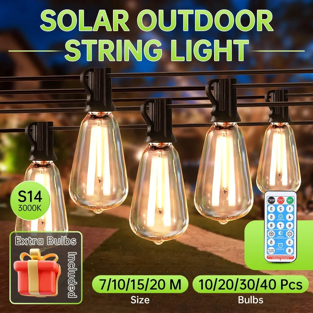 LED Solar String Lights For Garden Outdoor Solar Waterproof Fairy Lights Edison Retro Style Christmas Party String Lights Decor