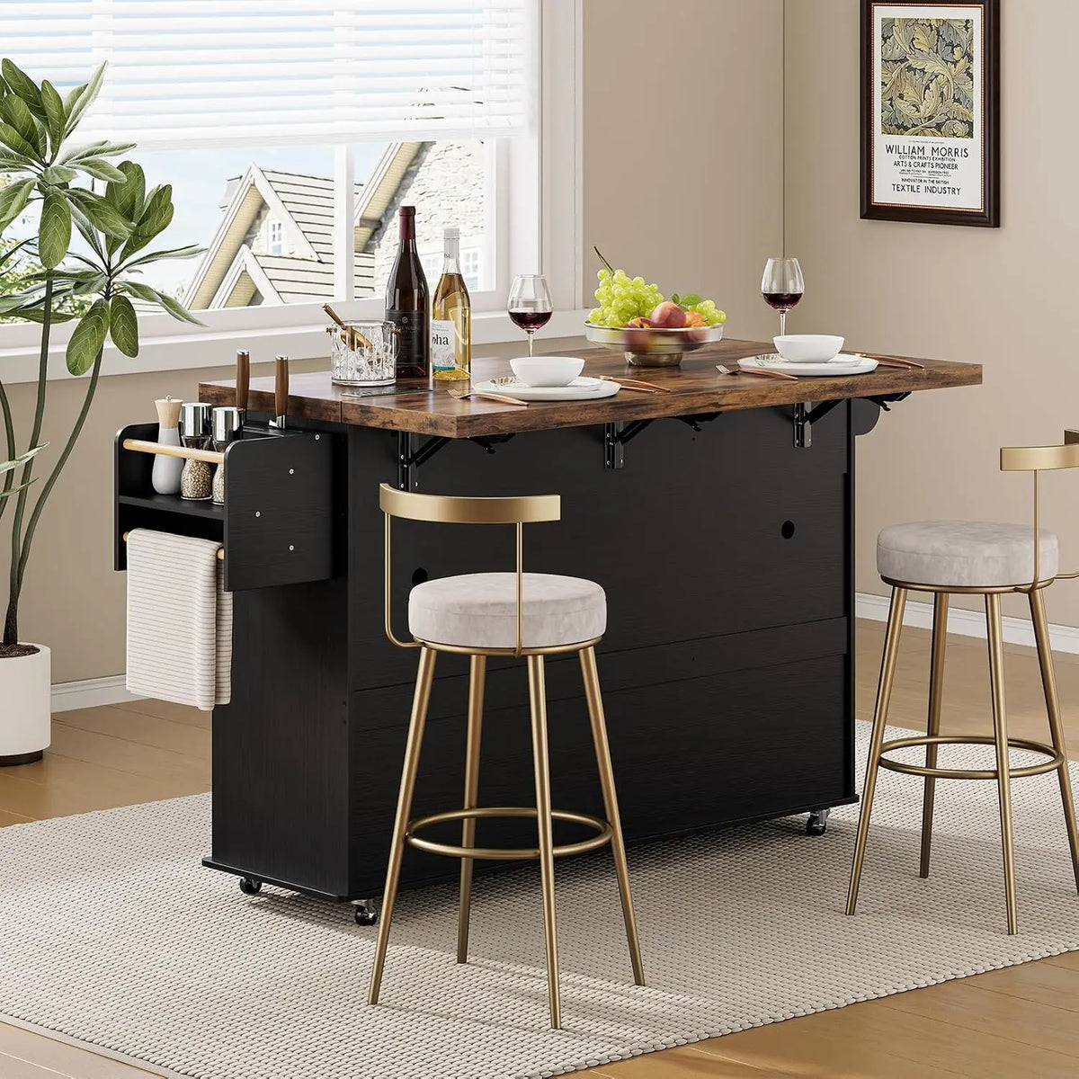 60" Kitchen Island with Trash Can Storage, Black+Rustic Brown | Kitchen Island Cart with Power Outlet & Drop Leaf, Customized