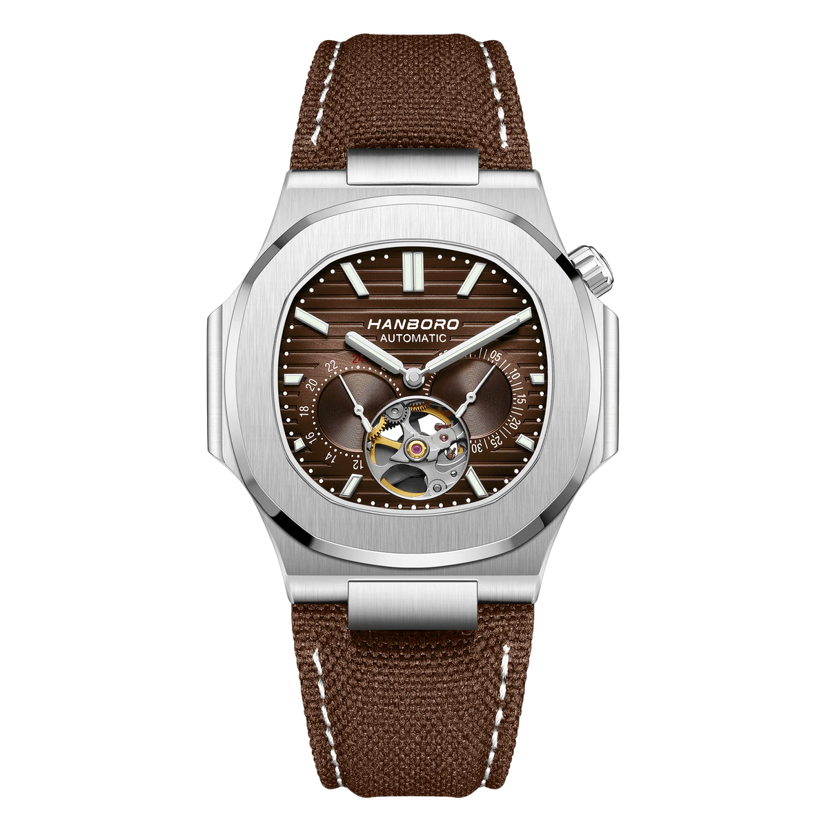 HANBORO Creative Crown Design Rose Gold Square Men's Brown Skull Mechanical Watch Canvas Strap Personalized Japanese Movement
