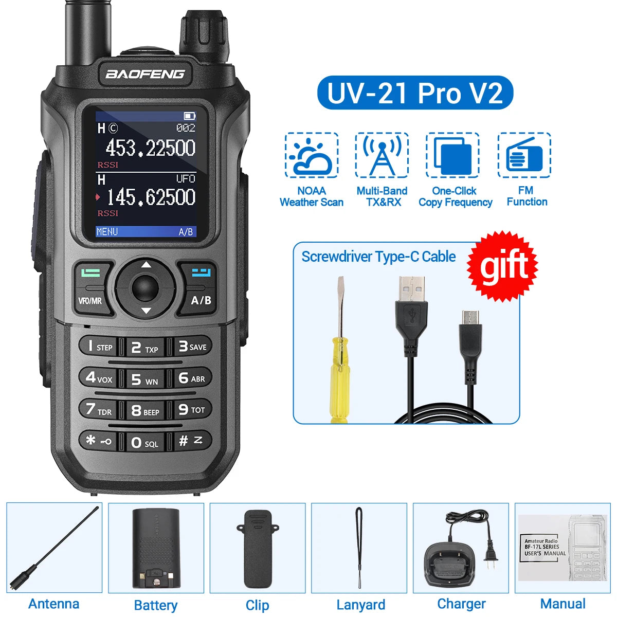Baofeng UV-21 Pro Wireless Copy Frequency VHF UHF Powerful Waterproof V2 Long Range UV-32 Long Range Type-C Two Way Ham Radio