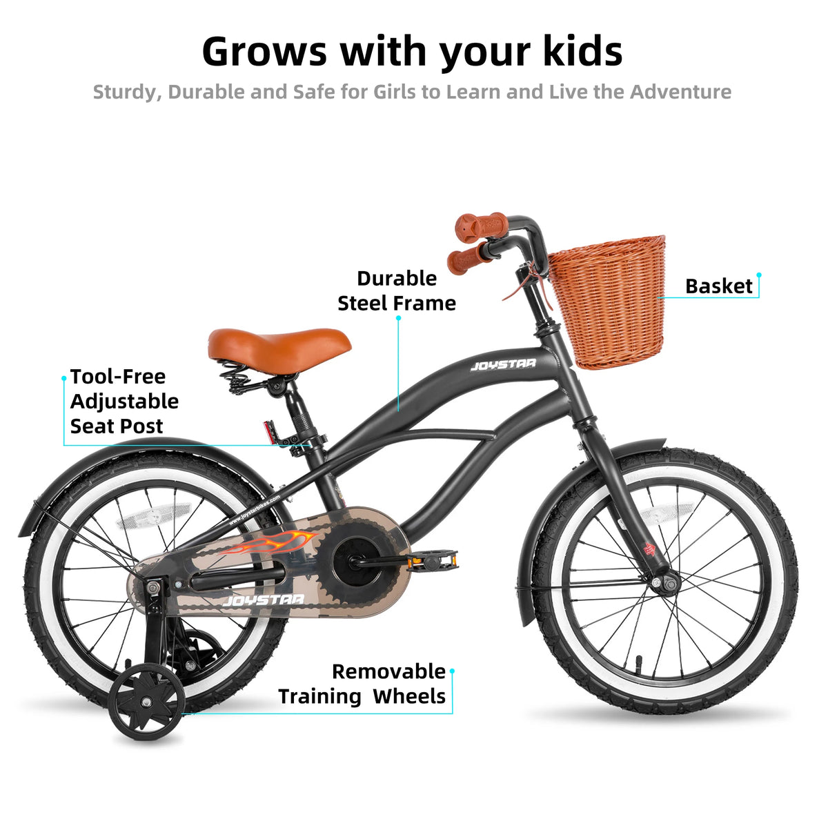 JoyStar Kids Cruiser Bike 12' 14' 16' Training Wheels Coaster Brake Adjustable Seat Fenders for Girls & Boys 2-7 Years