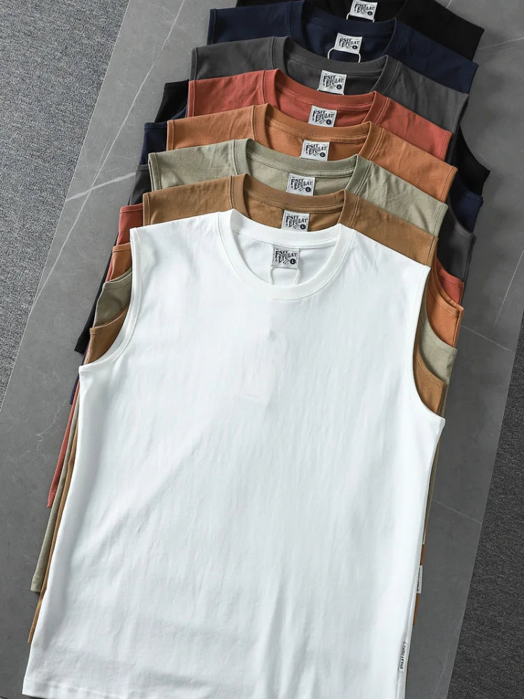 Summer New American Sleeveless O-neck Solid Color T-shirt Men's Fashion 100% Cotton Washed Casual Sports Fitness Basketball Vest