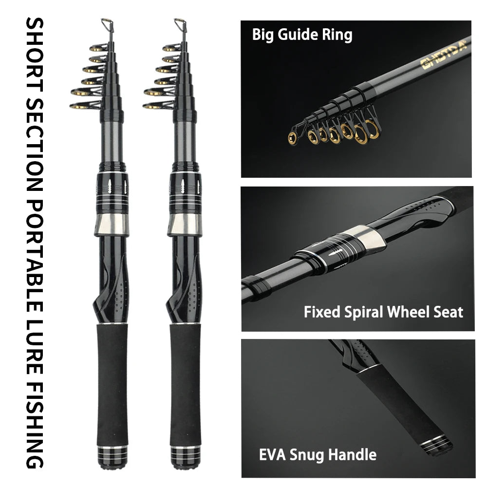 Mini Shrink 31cm Portable Fishing Rod Kit 1.5-2.1M Telescopic Carbon Trave Pole High Speed 7.2:1 Baitcasting Reel Carp Fishing