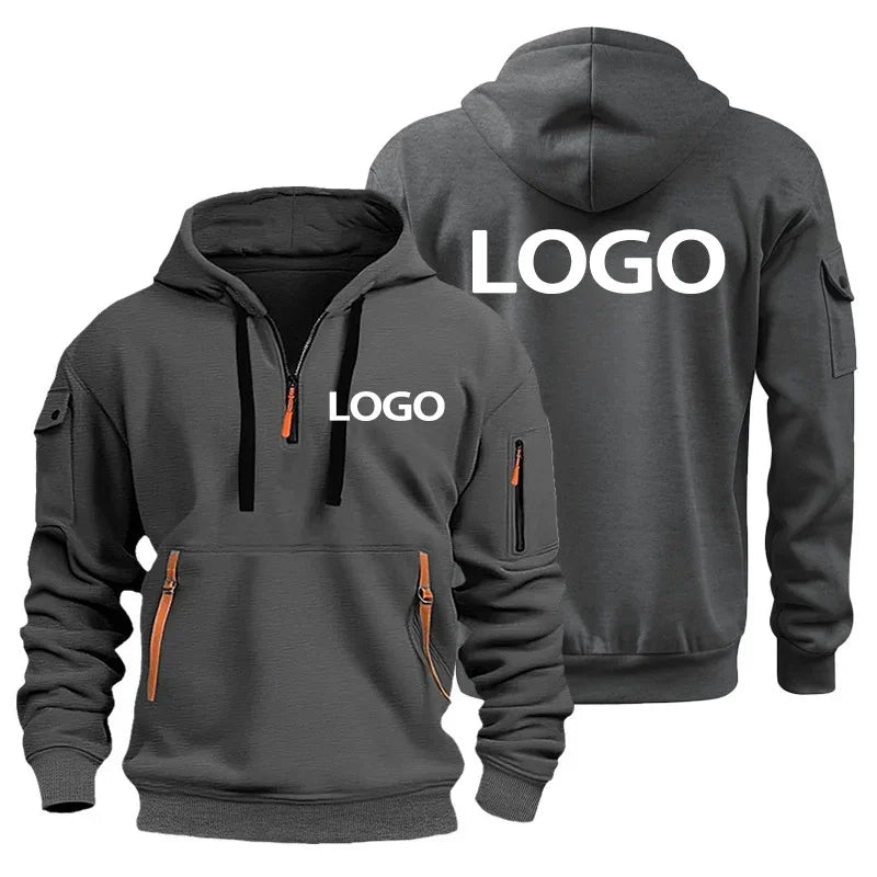 New European Men's Sports Sweater with Zipper and Arm Pockets, Customize Your Logo, Hooded Sweater Cover And