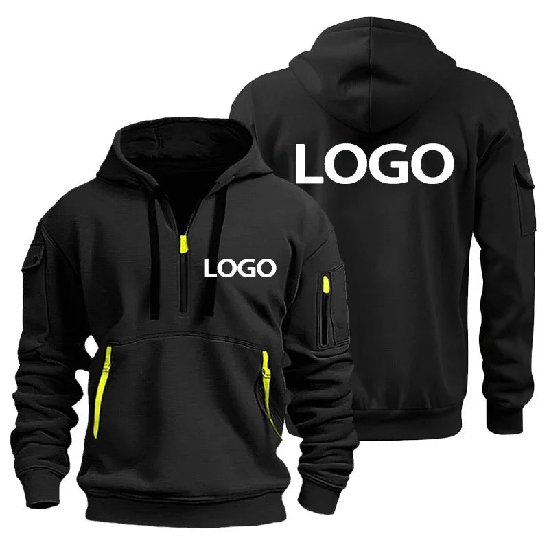 New European Men's Sports Sweater with Zipper and Arm Pockets, Customize Your Logo, Hooded Sweater Cover And