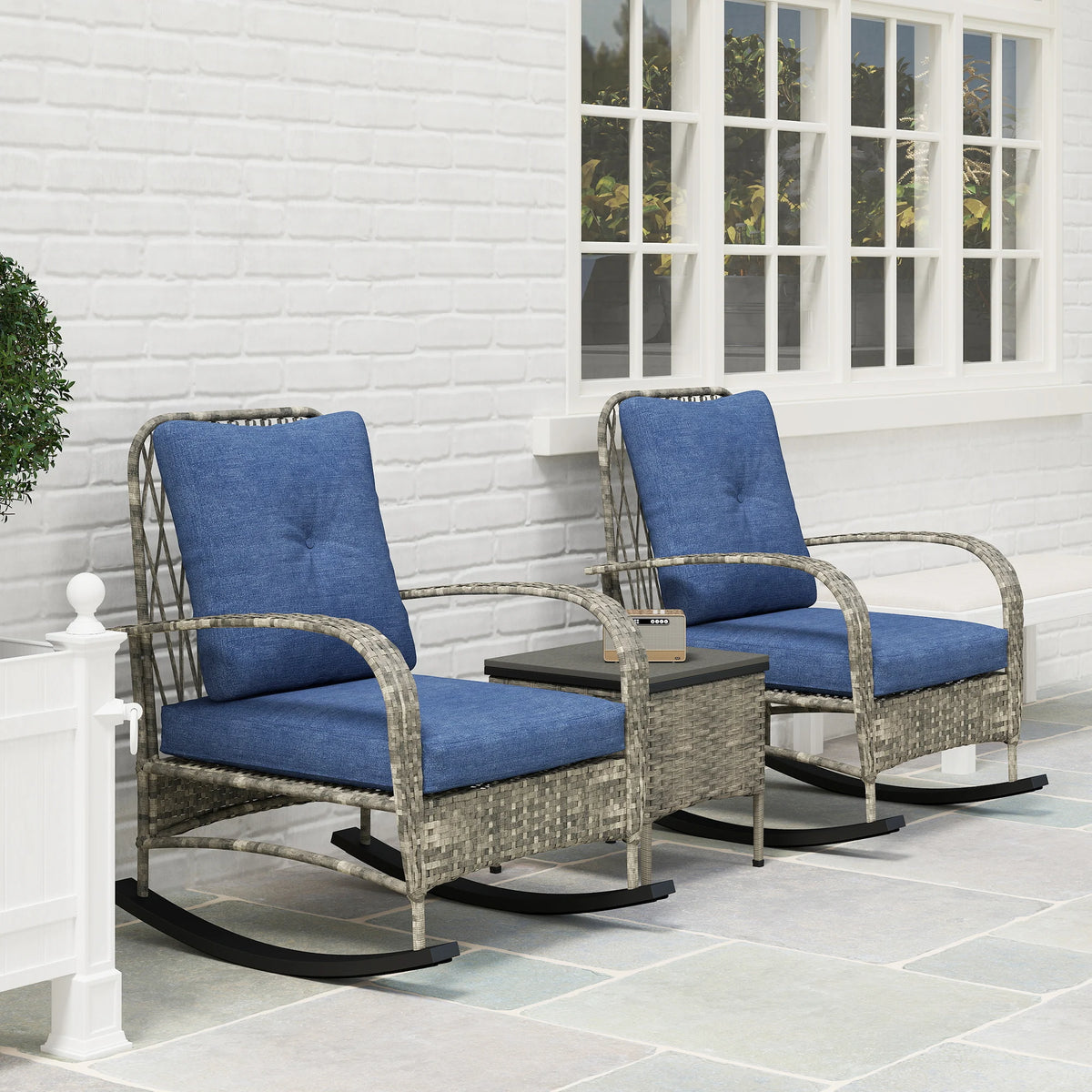 Patio Furniture Set, Rocking Chairs W/ Coffee Table, Cushion, Gray