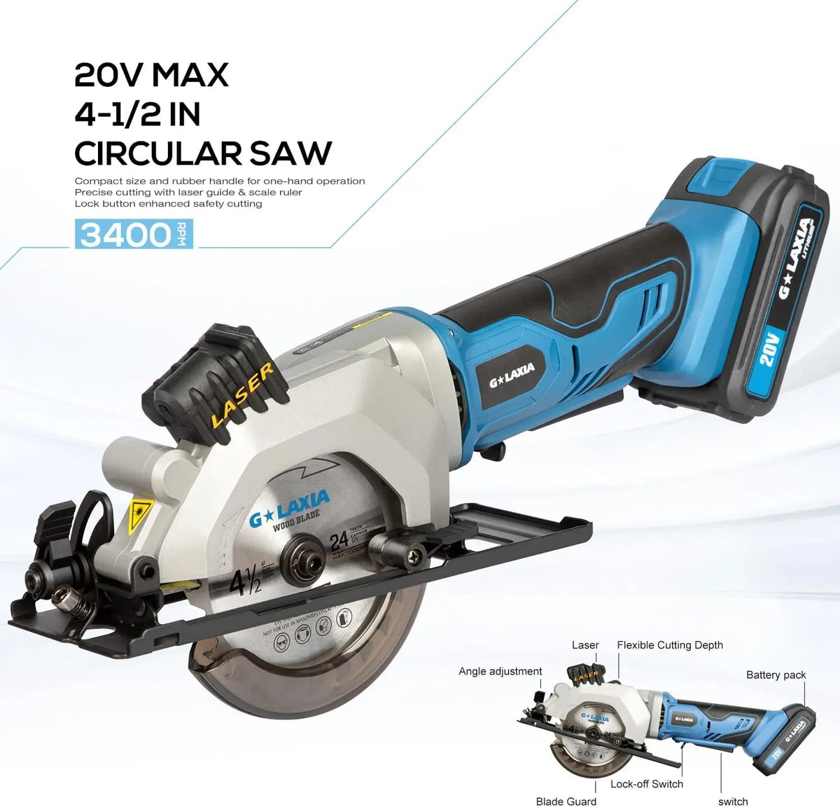 Galax Pro 20V Cordless Mini Circular Saw 2.0Ah Compact Saw with Laser Guide 3400RPM, 2x 4-1/2" Blade for Wood, Plastic, Soft Metal Cutting, Rip Guide, Rubber Handle, Vacuum Adaptor, Bevel Cut 0-45°