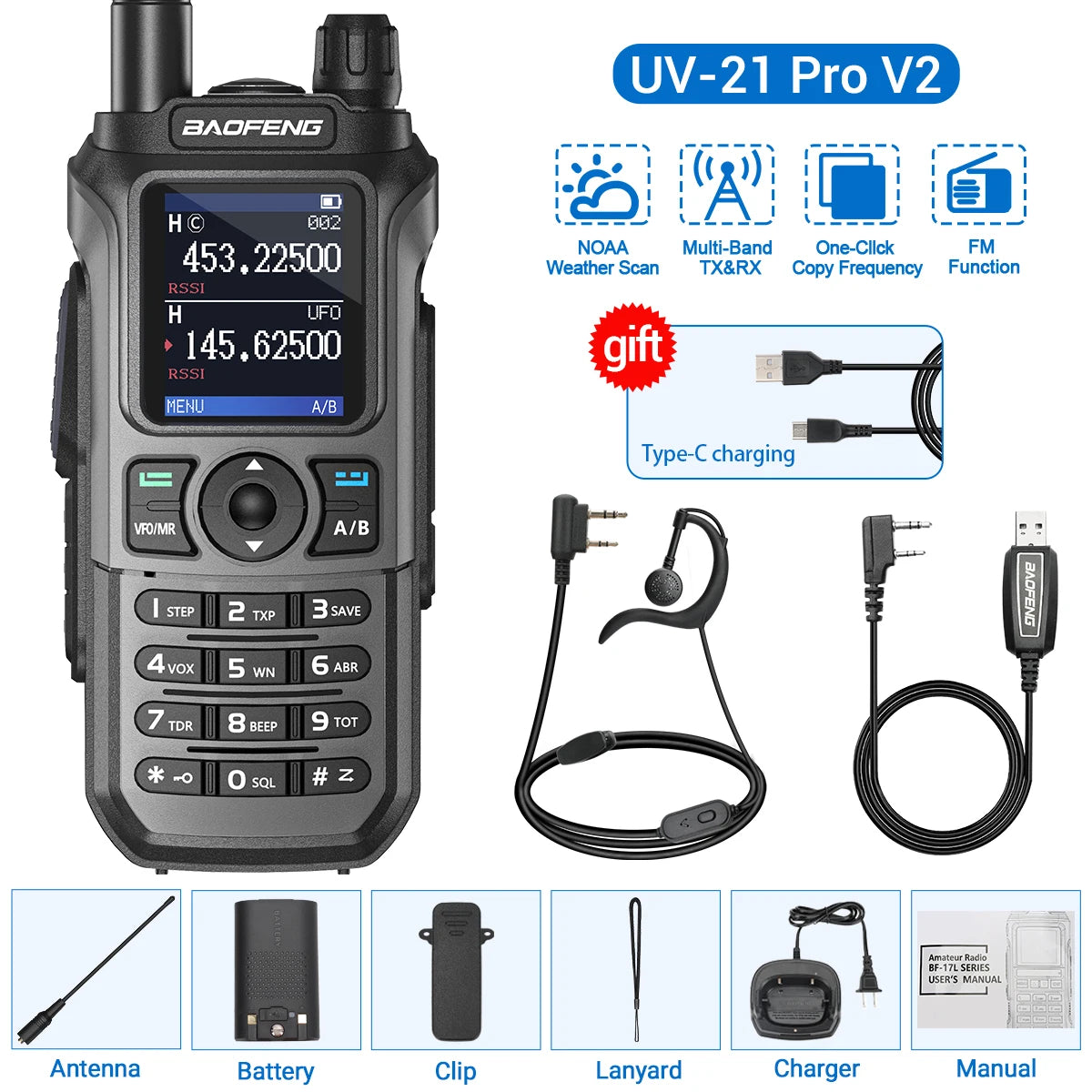 Baofeng UV-21 Pro Wireless Copy Frequency VHF UHF Powerful Waterproof V2 Long Range UV-32 Long Range Type-C Two Way Ham Radio