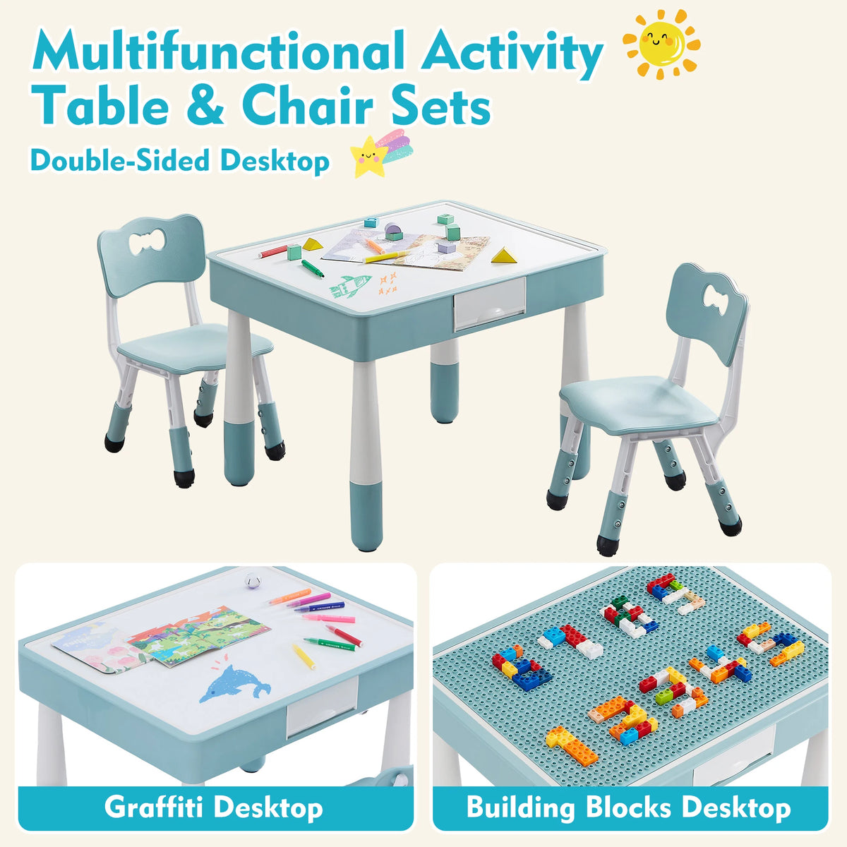 Kids 4 in 1 Table And 2 Chairs Set with Storage Toddler Desk And Chair Combo for Ages 3-10 Graffiti & Building Blocks Double-Sided Grayish Blue