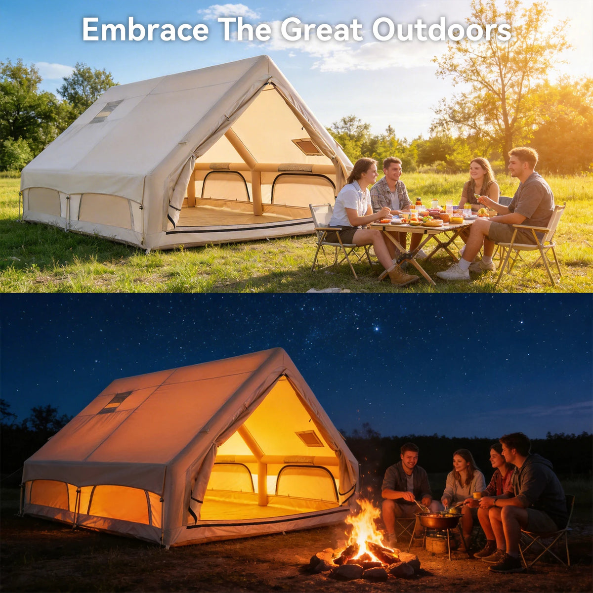 Podofo 12㎡ Instant Inflatable Camping Tent Air Tent Large Outdoor Shelter 210D Oxford Weatherproof Fabric with Skylight Dual AB Doors Family Camping Tent for Family Camping, Beach & Mountain, Outdoor Adventure