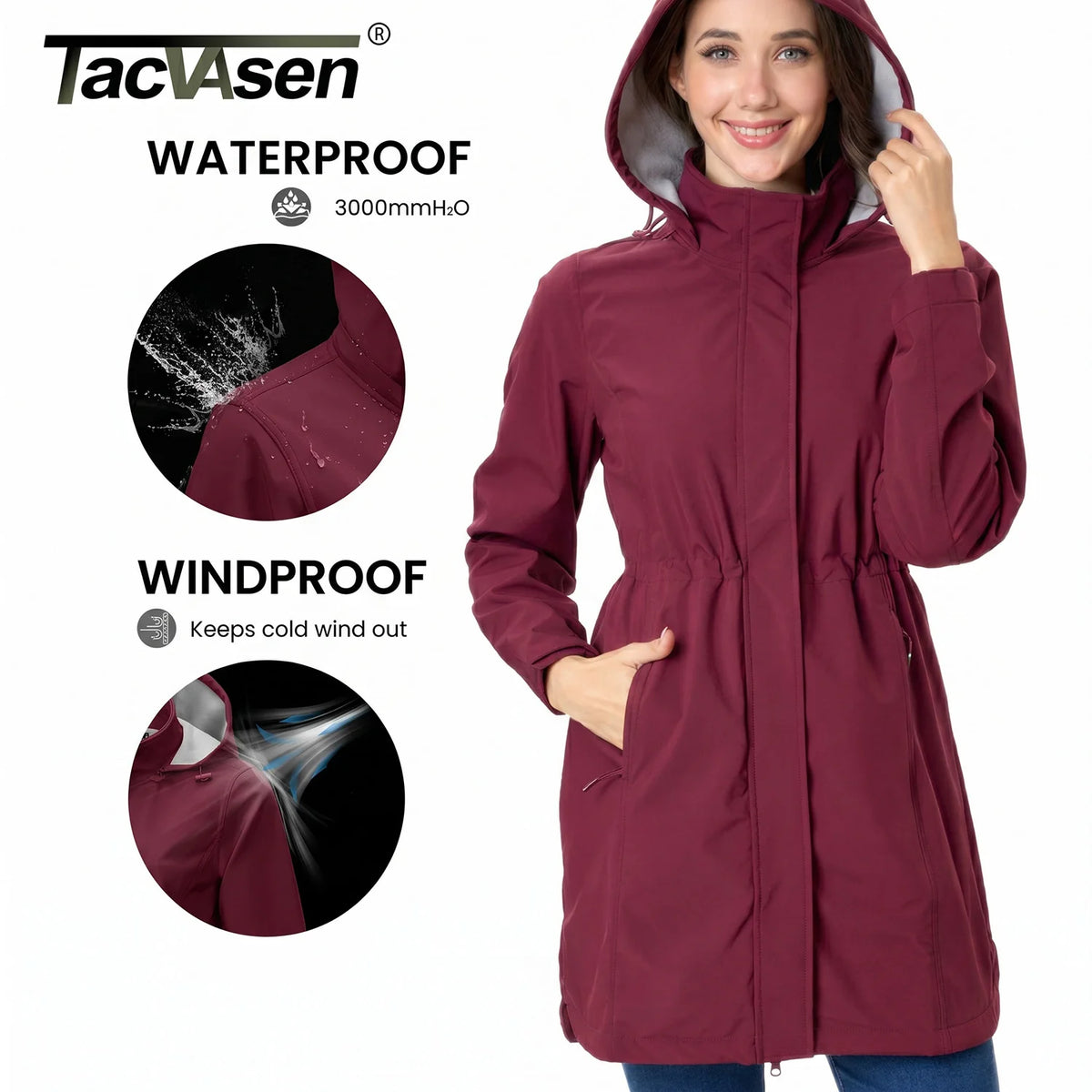 TACVASEN Womens Warm Fleece Lined Softshell Jackets Winter Long Jackets Windproof Hooded Rain Coat Outdoor Windbreaker Parka