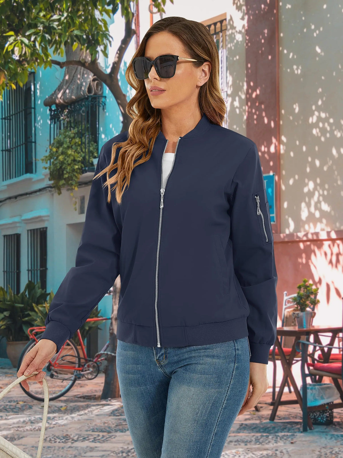TACVASEN Casual Pilot Jackets Womens Biker  Jacket with 4 Pockets Spring Windbreaker Streetwear Ladies Outwear Work Coats