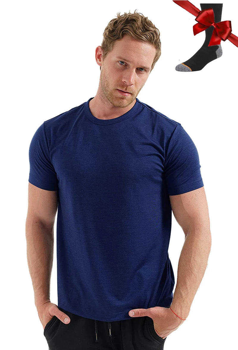 100% Superfine Merino Wool T Shirt Mens Base Layer Shirt Merino Wool Wicking Breathable Quick Dry Anti-Odor +Merino Wool Socks