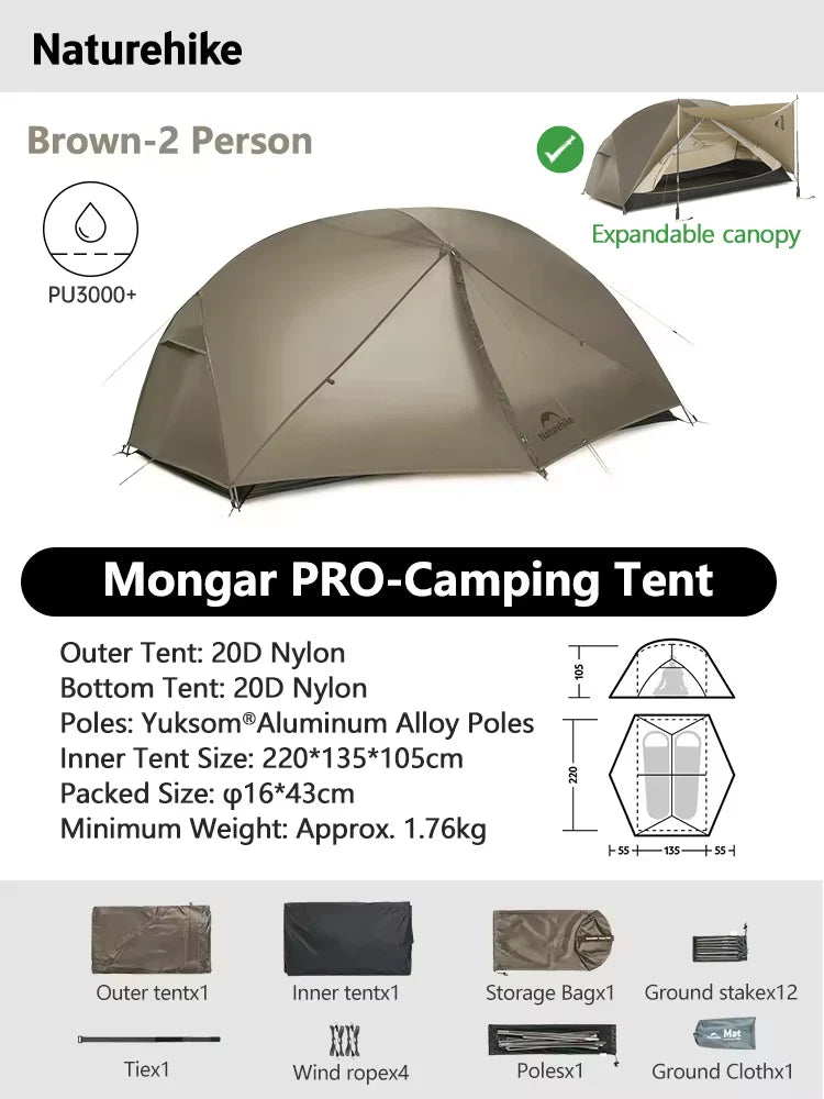Naturehike Mongar 2 UL/PRO/Base Tent Camping 1-3 Person Tent Outdoor Travel 15D Waterproof Ultralight Backpacking Shelter Tent