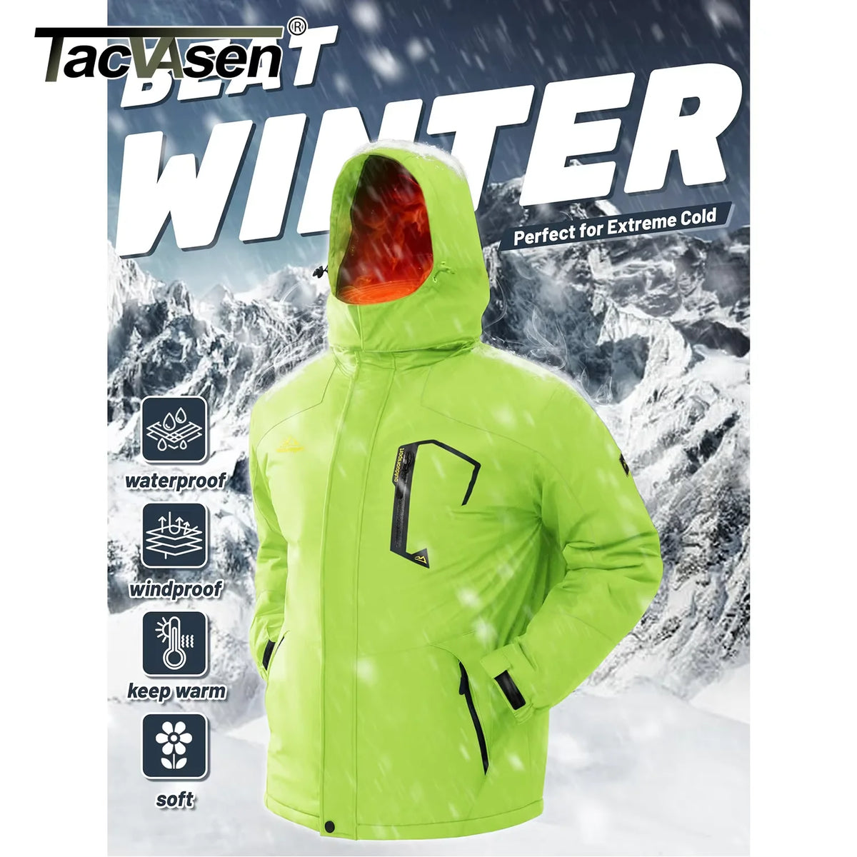 TACVASEN Mens Winter Parka Jackets Waterproof Fleece Lined Warm Ski Coats Outdoor Fishing Padded Jackets With Multiple Pockets