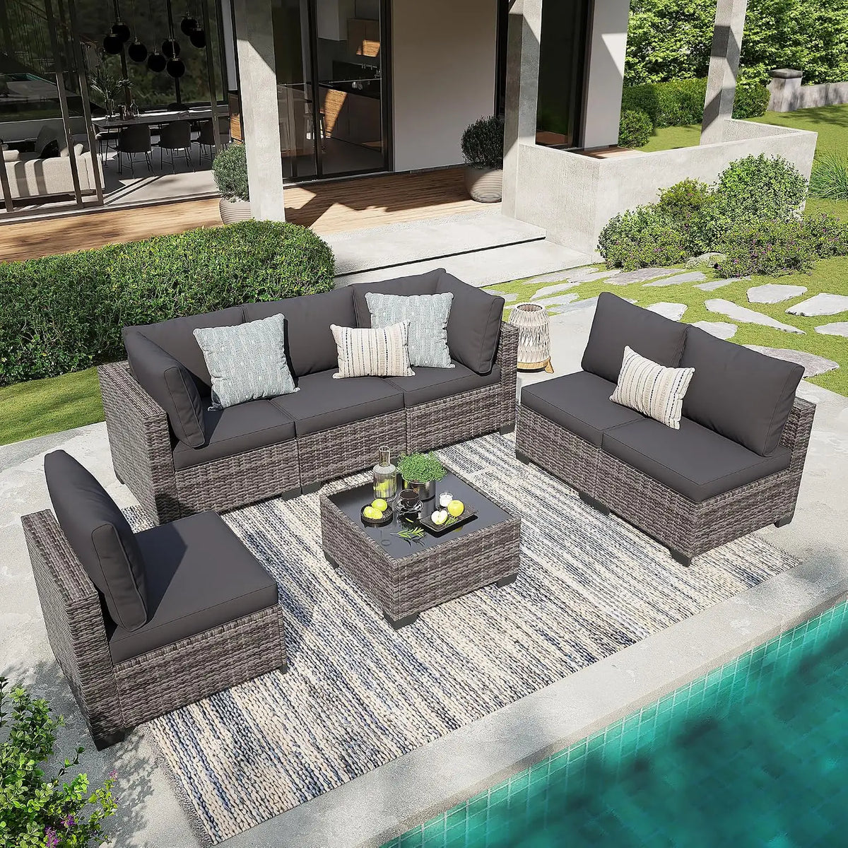 7 Pieces Outdoor Patio Furniture Set, All-Weather Sectional Sofa | Dark Grey Wicker Conversation Set with Glass, Customized