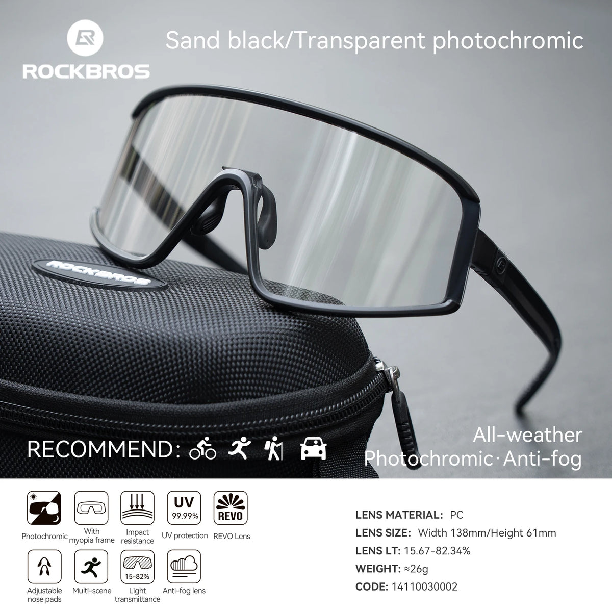 ROCKBROS Outdoor Cycling Sunglasses Polarized UV400 Driving Eyewear Bicycle Goggles Non-slip Anti-fog Photochromic Glasses