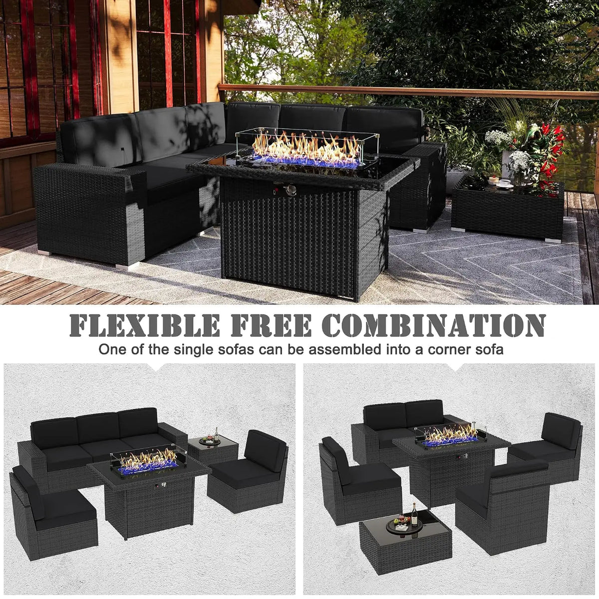 7 Pieces Patio Furniture Set with 44" Propane Gas Fire Pit Table, Outdoor Sectional Wicker Conversation Sofa Sets, Customized