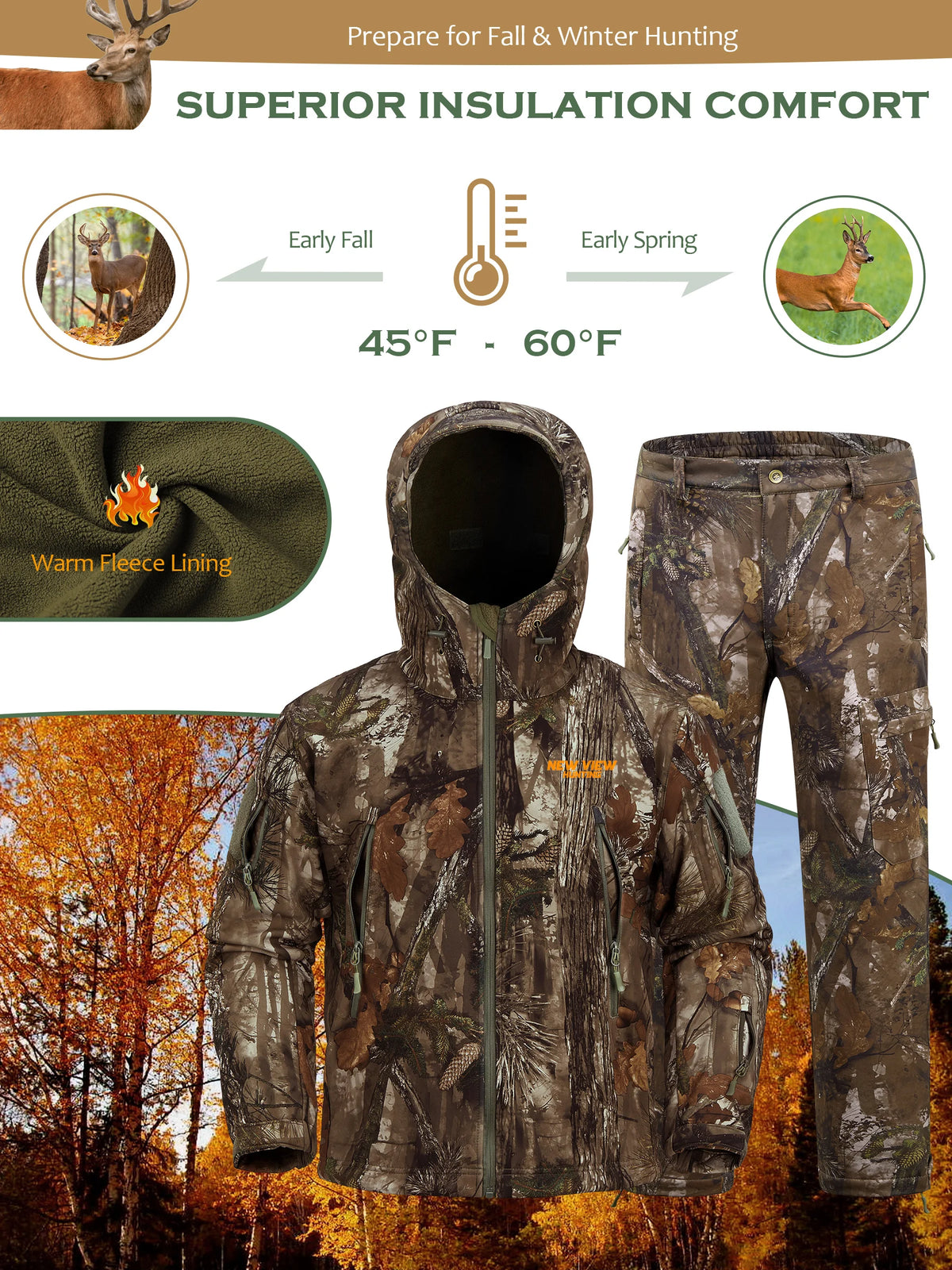Camo Hunting Suit for Men - Water-Resistant Jacket and Pants with Warm Fleece Lining, Ideal for Cold Weather Hunting