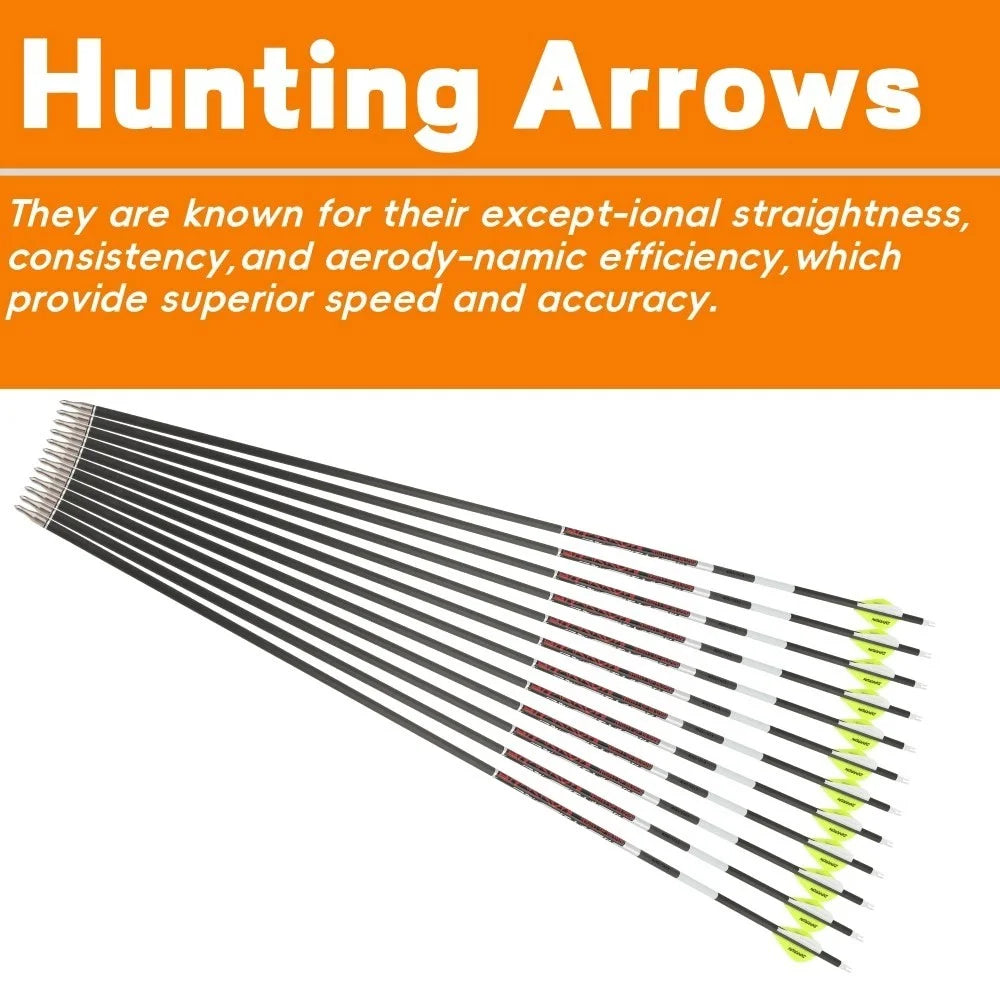 Pure Carbon Archery Arrows 12Pcs Multi Spine 300 400 500 Shaft ID 6.2mm Straightness +/-0.003 Inch High Precision Arrow Shafts Compatible with Compound Recurve Bow for Outdoor Hunting Target Practice Shooting Sports