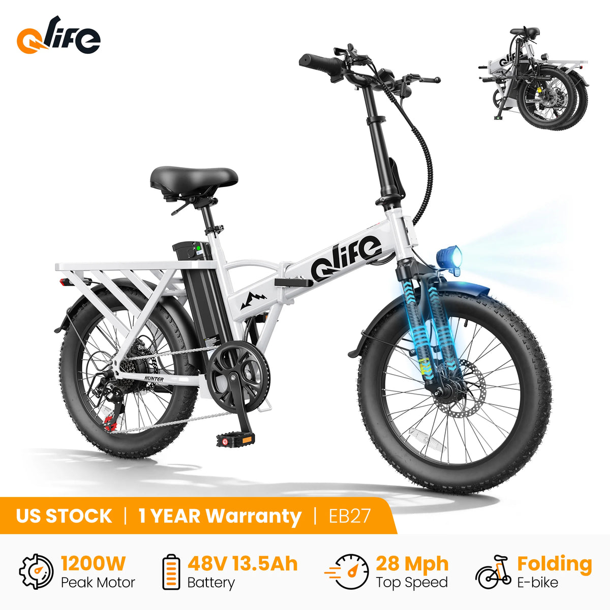 Qlife Hunter Electric Bike for Adults, 1200W Peak Motor 48V 13.5Ah Battery, 20"×3" Fat Tire Foldable Ebike, 28MPH 65Mi Long Range Electric Bicycle