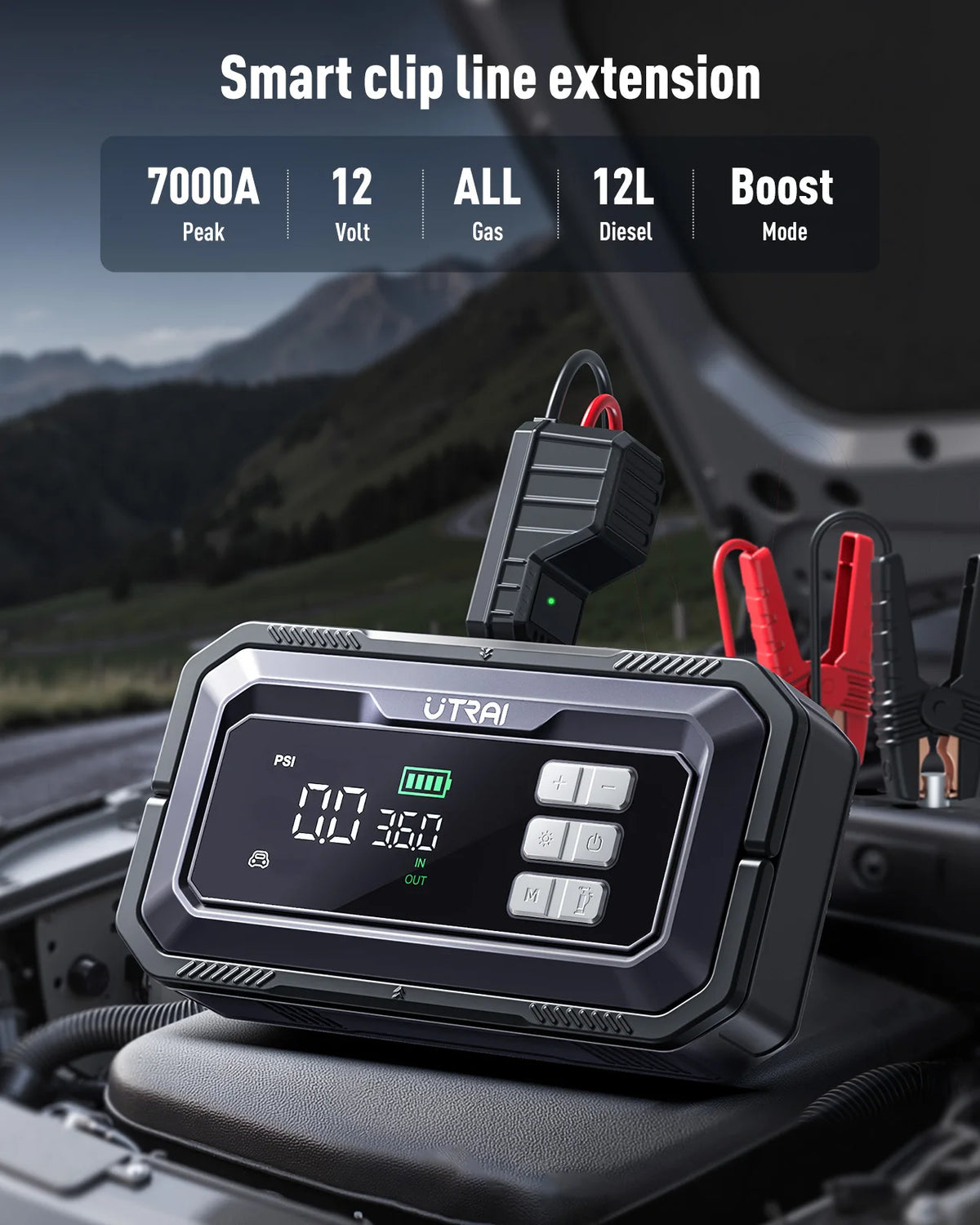 UTRAI All-in-One 7000A Car Jump Starter with Air Compressor &  OBD Diagnosis & Outdoor Camping Lights Emergency Boosters