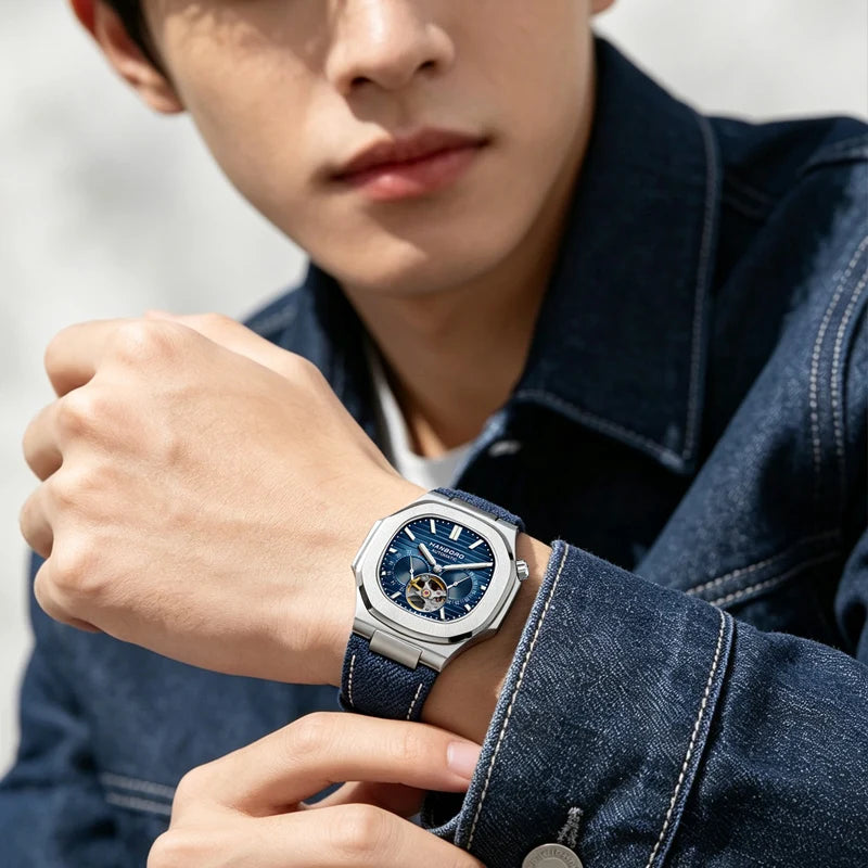 HANBORO Creative Crown Design Rose Gold Square Men's Brown Skull Mechanical Watch Canvas Strap Personalized Japanese Movement