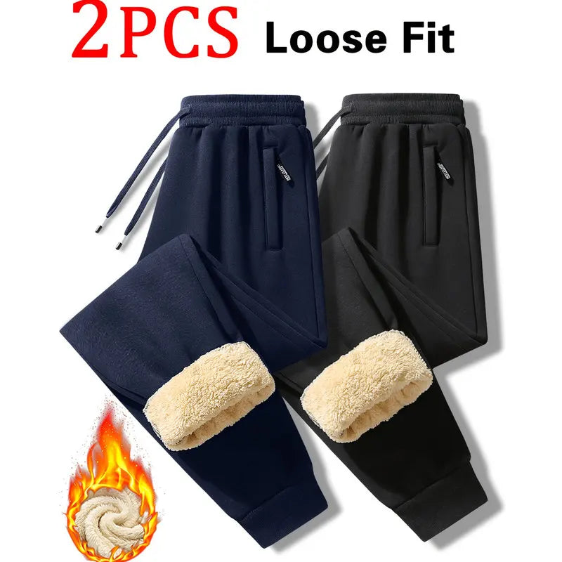2pcs Autumn And Winter Men's Warm Wool Sports Pants With Zipper Pockets Casual Sports Pants Gym Pants Unisex Couple's Outfit