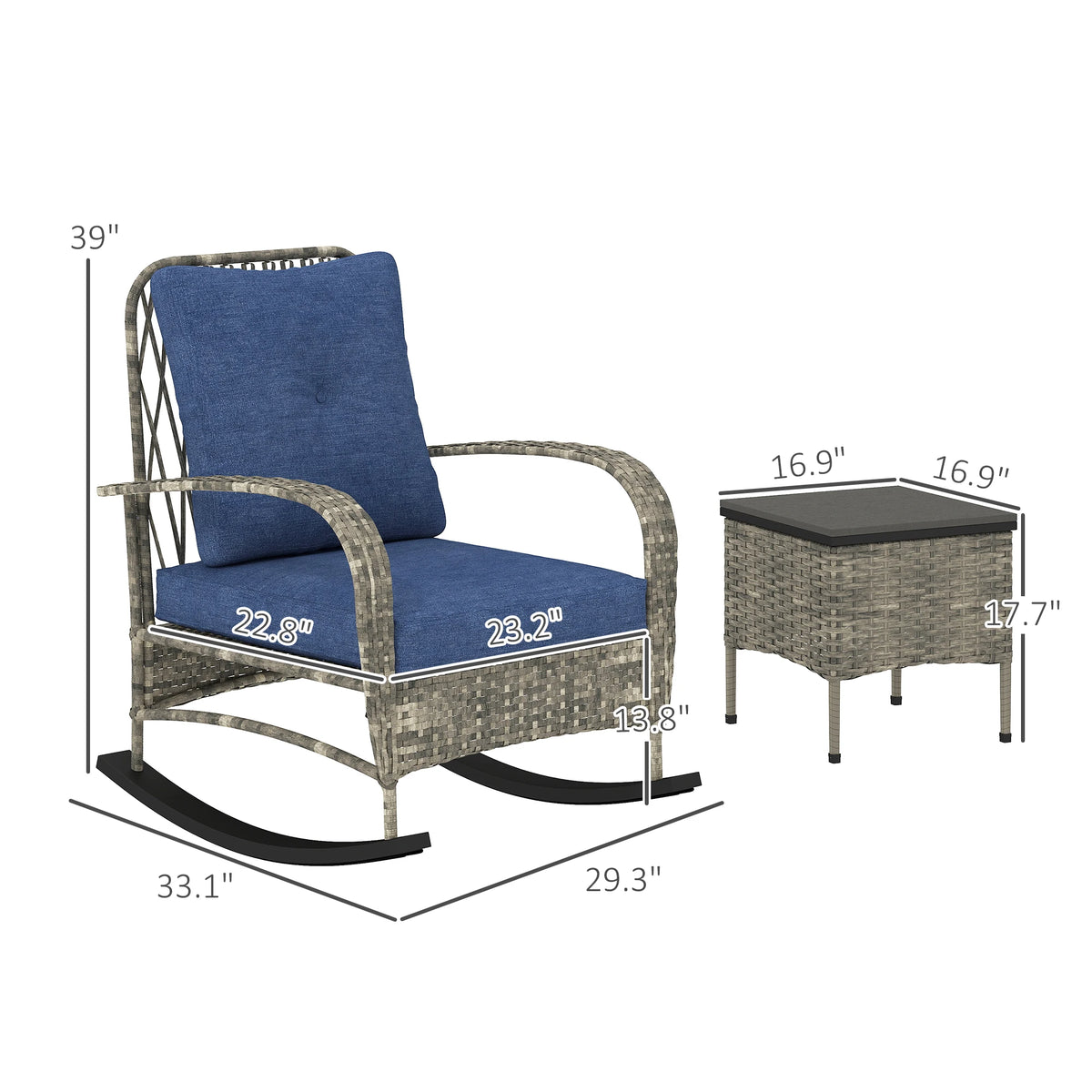 Patio Furniture Set, Rocking Chairs W/ Coffee Table, Cushion, Gray