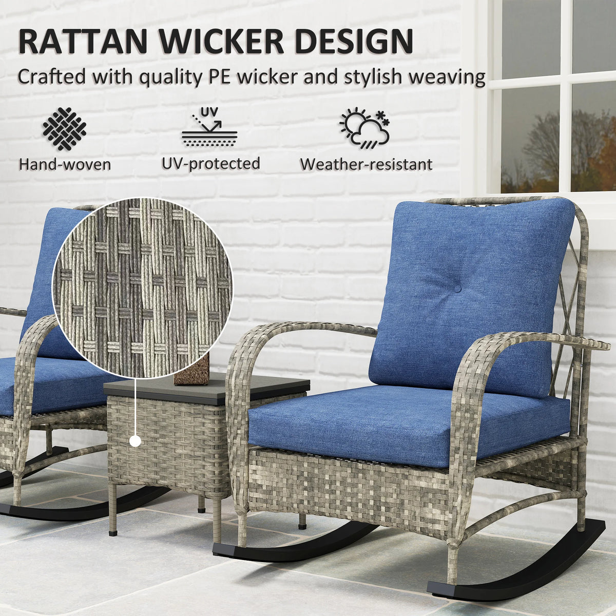 Patio Furniture Set, Rocking Chairs W/ Coffee Table, Cushion, Gray