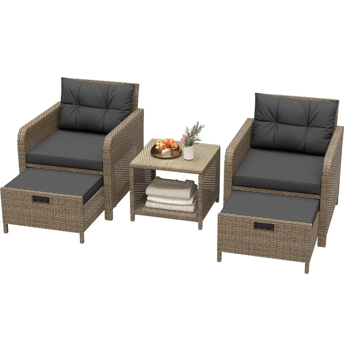5 Piece Patio Furniture Set, PE Wicker Outdoor Furniture Set with Soft Cushions & Coffee Table, Outdoor Lounge Chairs, Custom