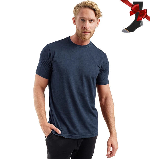 100% Superfine Merino Wool T Shirt Mens Base Layer Shirt Merino Wool Wicking Breathable Quick Dry Anti-Odor +Merino Wool Socks