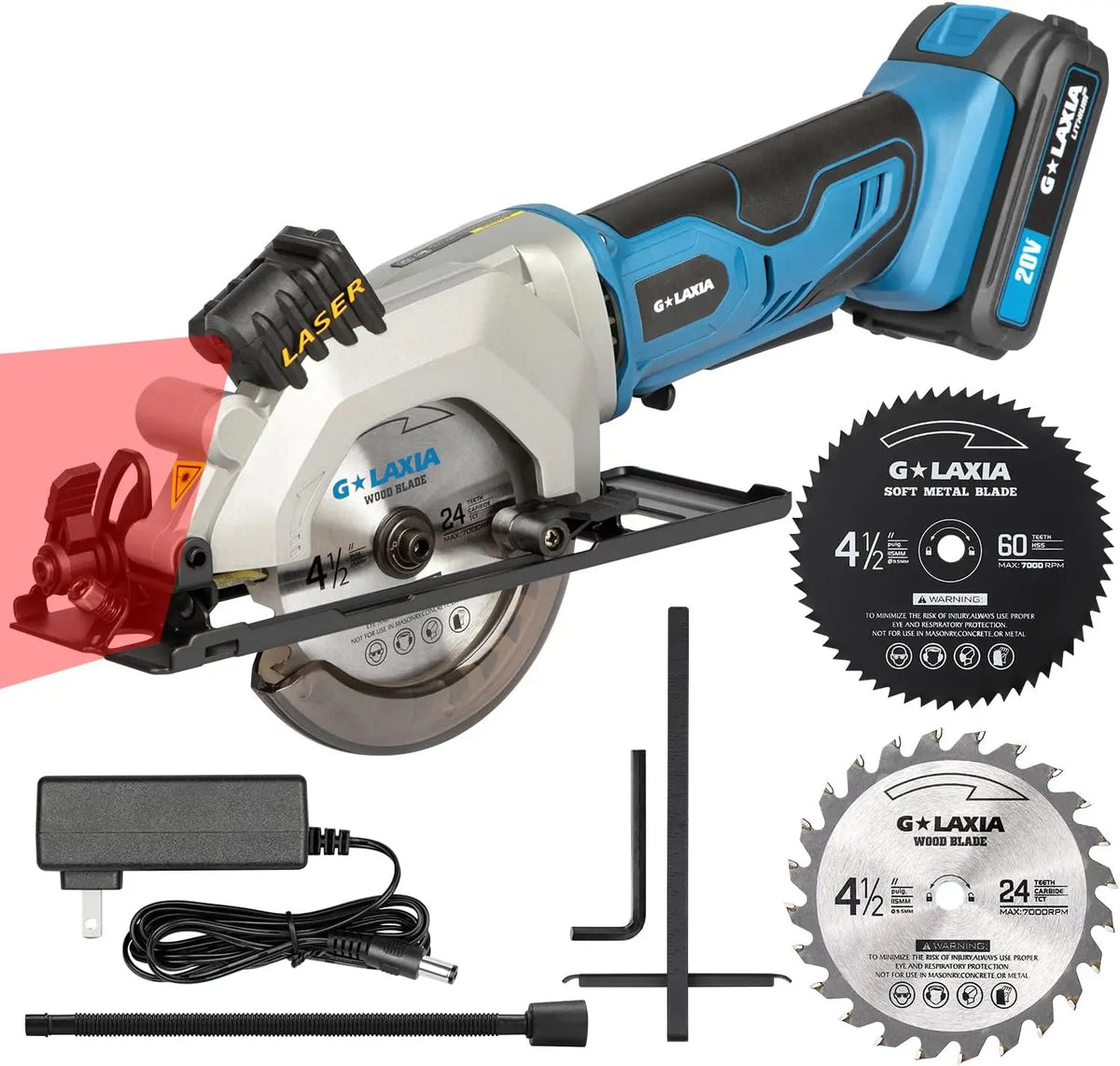 Galax Pro 20V Cordless Mini Circular Saw 2.0Ah Compact Saw with Laser Guide 3400RPM, 2x 4-1/2" Blade for Wood, Plastic, Soft Metal Cutting, Rip Guide, Rubber Handle, Vacuum Adaptor, Bevel Cut 0-45°