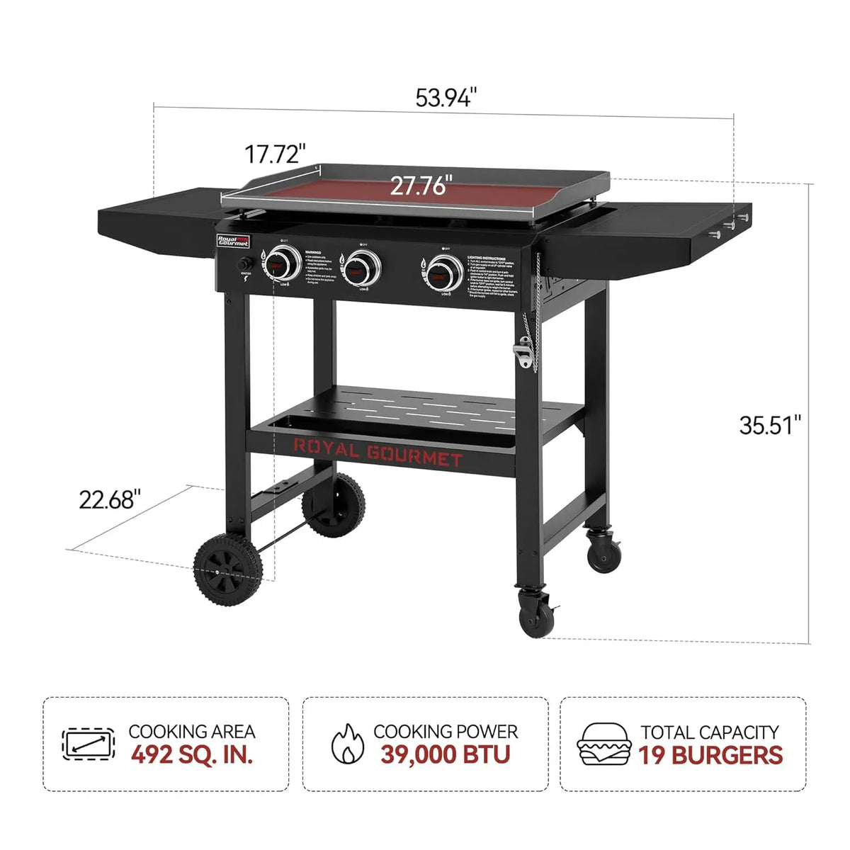 28in 3-Burner Propane Gas Griddle with Foldable Side Shelves 492sq.in Cooking Surface for Camping Tailgating Outdoor, Custom