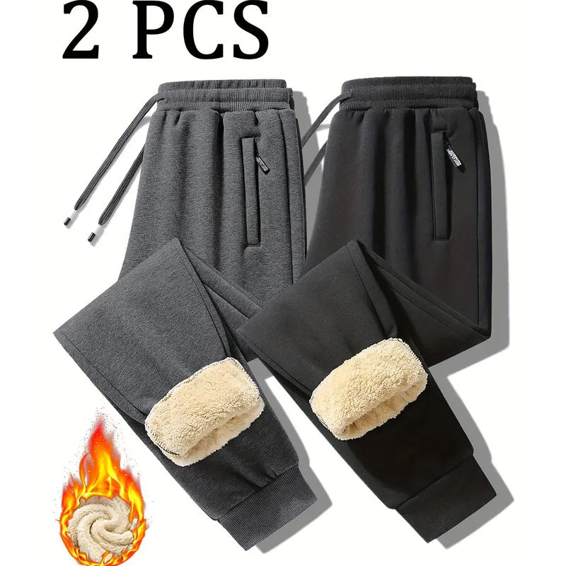 2pcs Autumn And Winter Men's Warm Wool Sports Pants With Zipper Pockets Casual Sports Pants Gym Pants Unisex Couple's Outfit