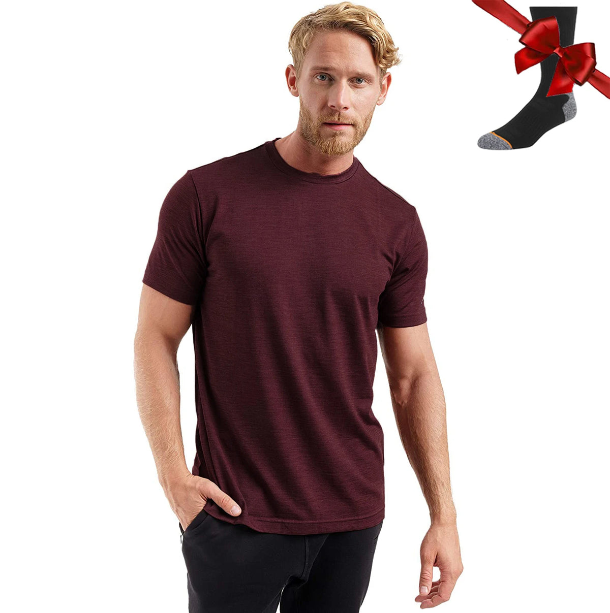 100% Superfine Merino Wool T Shirt Mens Base Layer Shirt Merino Wool Wicking Breathable Quick Dry Anti-Odor +Merino Wool Socks