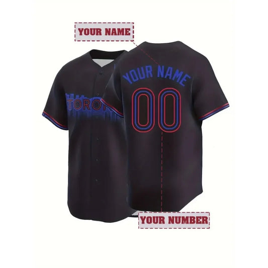 Customized Name And Number Men's Embroidery Baseball Jersey Toronto Black V-Neck Personalized Short Sleeve Button Down Shirts