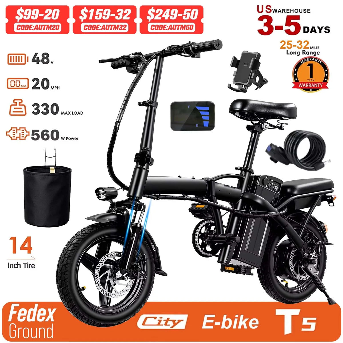 Adult Electric Bike,560W Motor,20MPH,48V Removable Battery,14inch Folding Electric Bike,Maximum 32 Miles,1Year Warranty Ebike