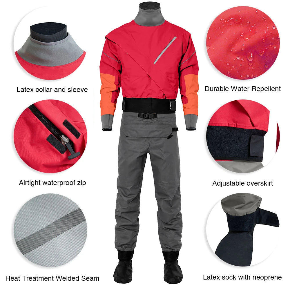 LKVER Kayak Dry Suit for Men 3-layer Waterproof Fabric Drysuit With Latex on Neck and Wrist White Water River Pending