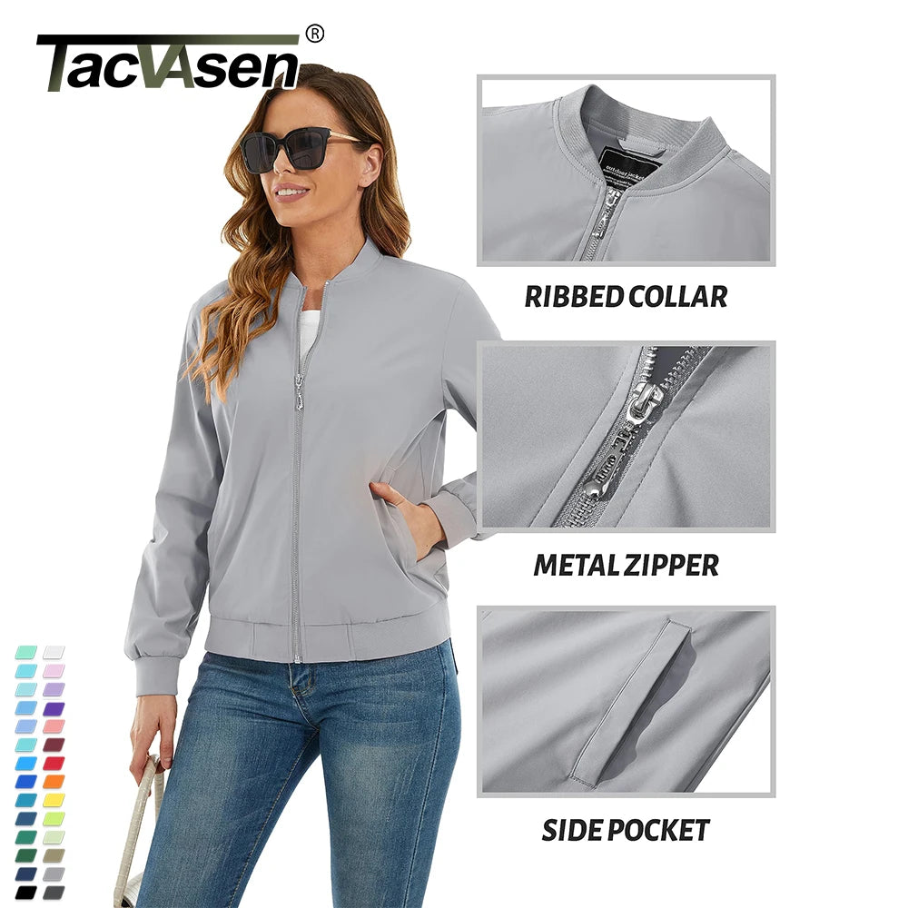 TACVASEN Casual Pilot Jackets Womens Biker  Jacket with 4 Pockets Spring Windbreaker Streetwear Ladies Outwear Work Coats