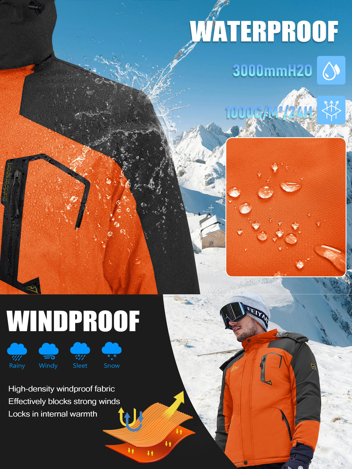 TACVASEN Men's Waterproof Fleece Lined Winter Jacket Windproof Multi-Pockets Warm Outdoor Coat Thermal Parka Raincoat with Hood