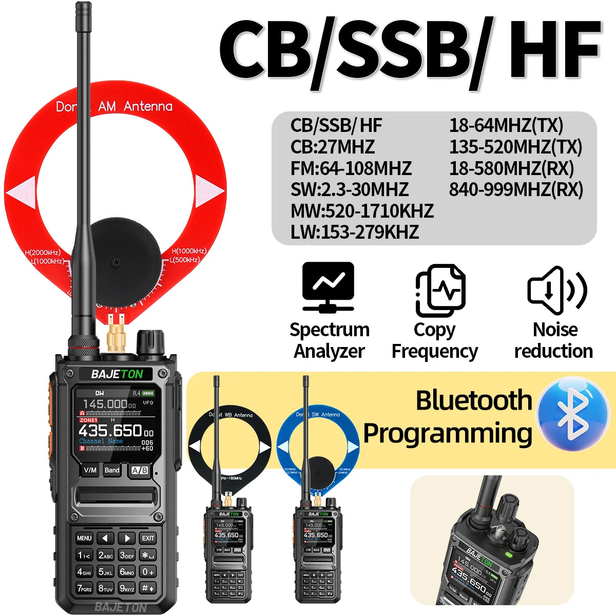 BAJETON BJ-7800 Walkie Talkie NOAA SW MW LW AM SSB CB 10W Receive Wireless Bluetooth Phone Programming for RT-920 Two Way Radio