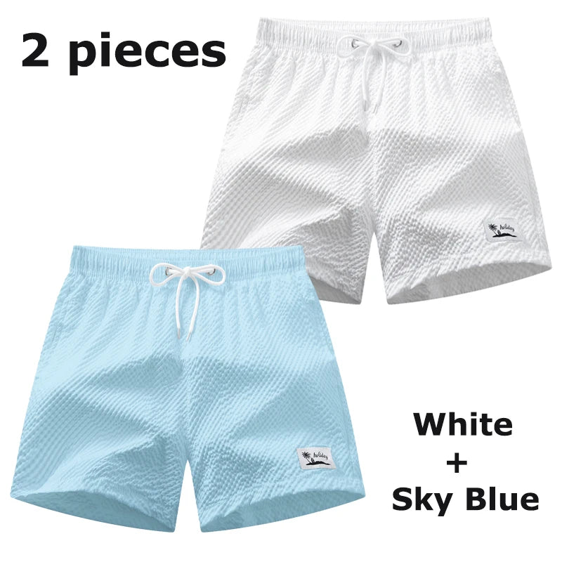 Men's Seersucker Beach Shorts with Mesh Liner Summer Casual Board Shorts with Pockets Quick Dry Swimwear Swimsuit Swim Trunks
