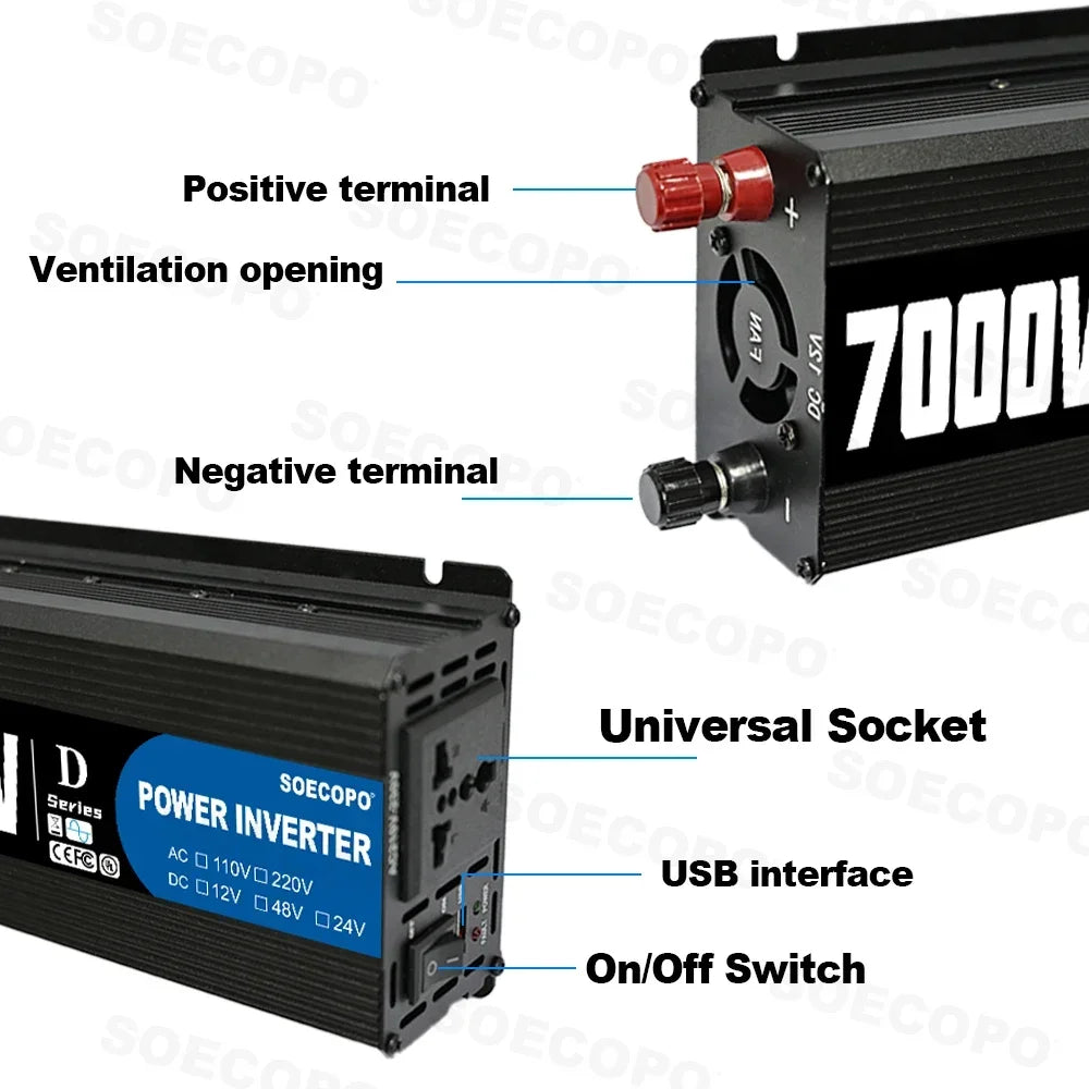 SOECOPO 7000W Power Inverter, 12V 24V 48V to 110V/220V Car Voltage Converter, Power Adapter for Car Accessories & Camping