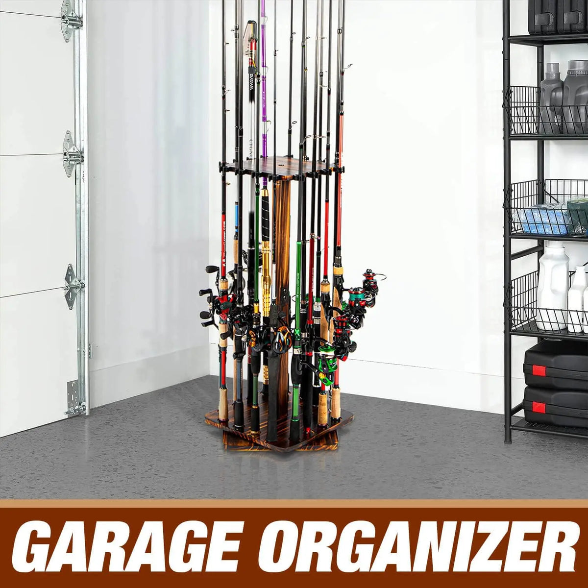 Fishing Rod Holders for Garage 360 Degree Rotating Fishing Pole Rack, Floor Stand Holds up to 16 Rods