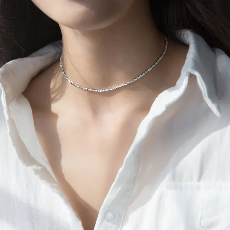 TBCYD 2mm Moissanite Tennis Necklace for Women S925 Silver Diamond Adjustable Choker Chain Wedding Necklaces Gold Jewelry