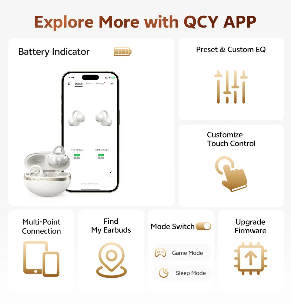 QCY Crossky C50 Open Ear Wireless Earbuds Bluetooth 6.0 Comfort Clip On Sports Earphone 4 Mic AI Clear Call Bass Boost Headphone